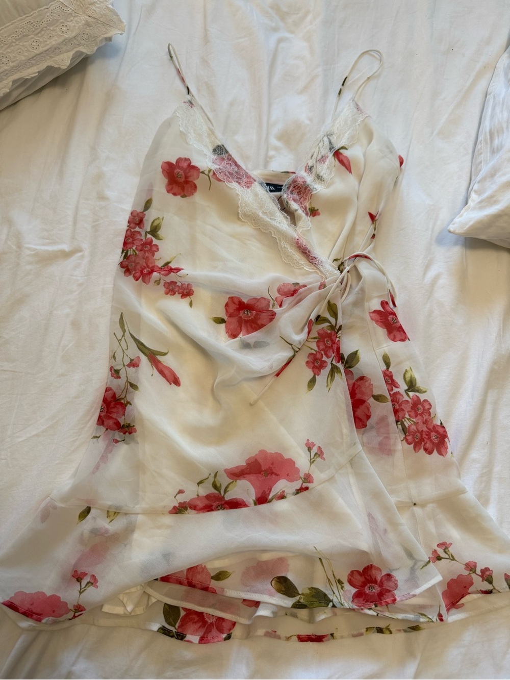 Zara White Floral Slip Dress with Pink & Green Print